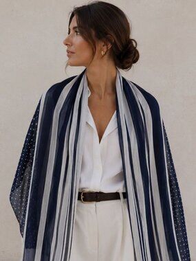 Crisca Escada  Navy Stripe Polka Dot Scarf Sheer Lightweight Wrap Shawl Tassel